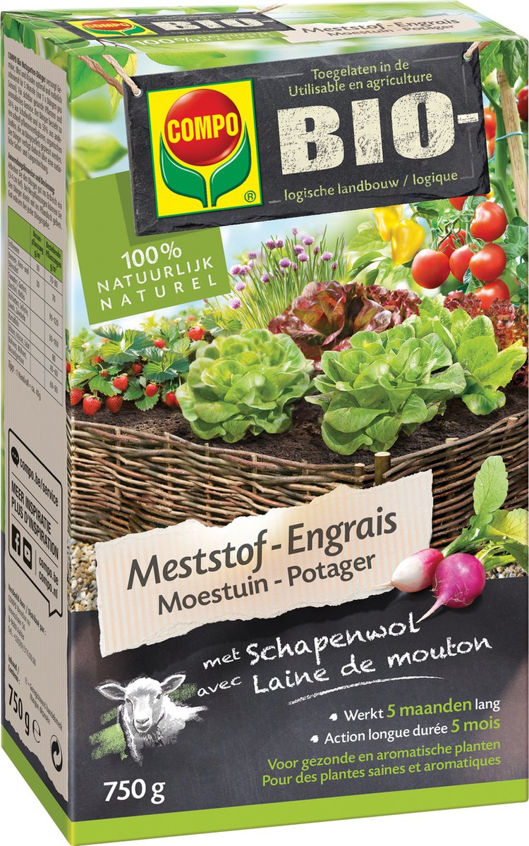 COMPO Bio Meststof Moestuin - 100% organische meststof met directe en lange werking van 5 maanden - voor een rijke oogst - doos 750 g