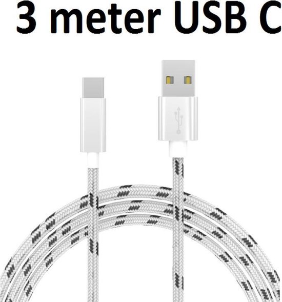 Stoffen USB C laadkabel van 3 meter, sterke extra lange 3mtr USB C kabel  gevlochten... | bol.com