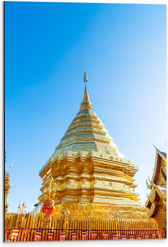 Dibond - Boeddhistische Wat Phrathat Doi Suthep Tempel Vol met Gouden Versieringen - 40x60 cm Foto op Aluminium (Met Ophangsysteem)
