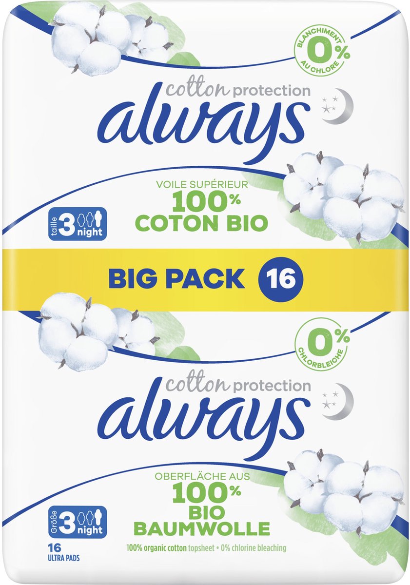 Goedkoopste Always Cotton Protection Ultra Night (maat 3) - Maandverband Met Vleugels - Voordeelbox 48 Stuks