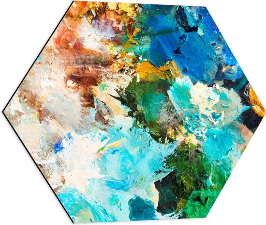 Dibond Hexagon - Abstrcat Kunstwerk van Verschillende Kleuren Verf op Schilderij - 60x52.2 cm Foto op Hexagon (Met Ophangsysteem)