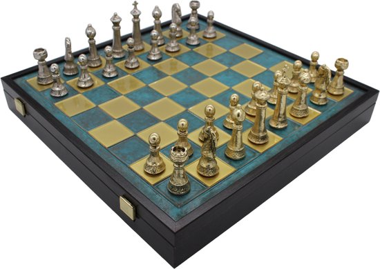 Thumbnail van een extra afbeelding van het spel Manopoulos - Handgemaakte schaakbord met opbergsysteem - Metalen Schaakstukken - Luxe uitgave - Schaakspel - Schaakset - Schaken - Chess