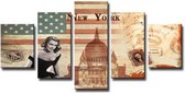 Schilderij - New York, Collage, Rood/Beige, 160X80cm, 5luik