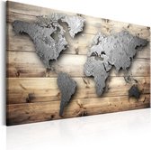 Schilderij - Zilveren Wereld op hout , Zilverlook,Houtlook