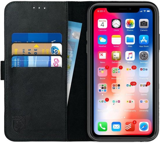 Rosso Deluxe Echt Leer Book Case Hoesje Geschikt voor Apple iPhone XR | Ruimte voor drie pasjes | Portemonnee Book Case | Met Pasjeshouder | Zwart
