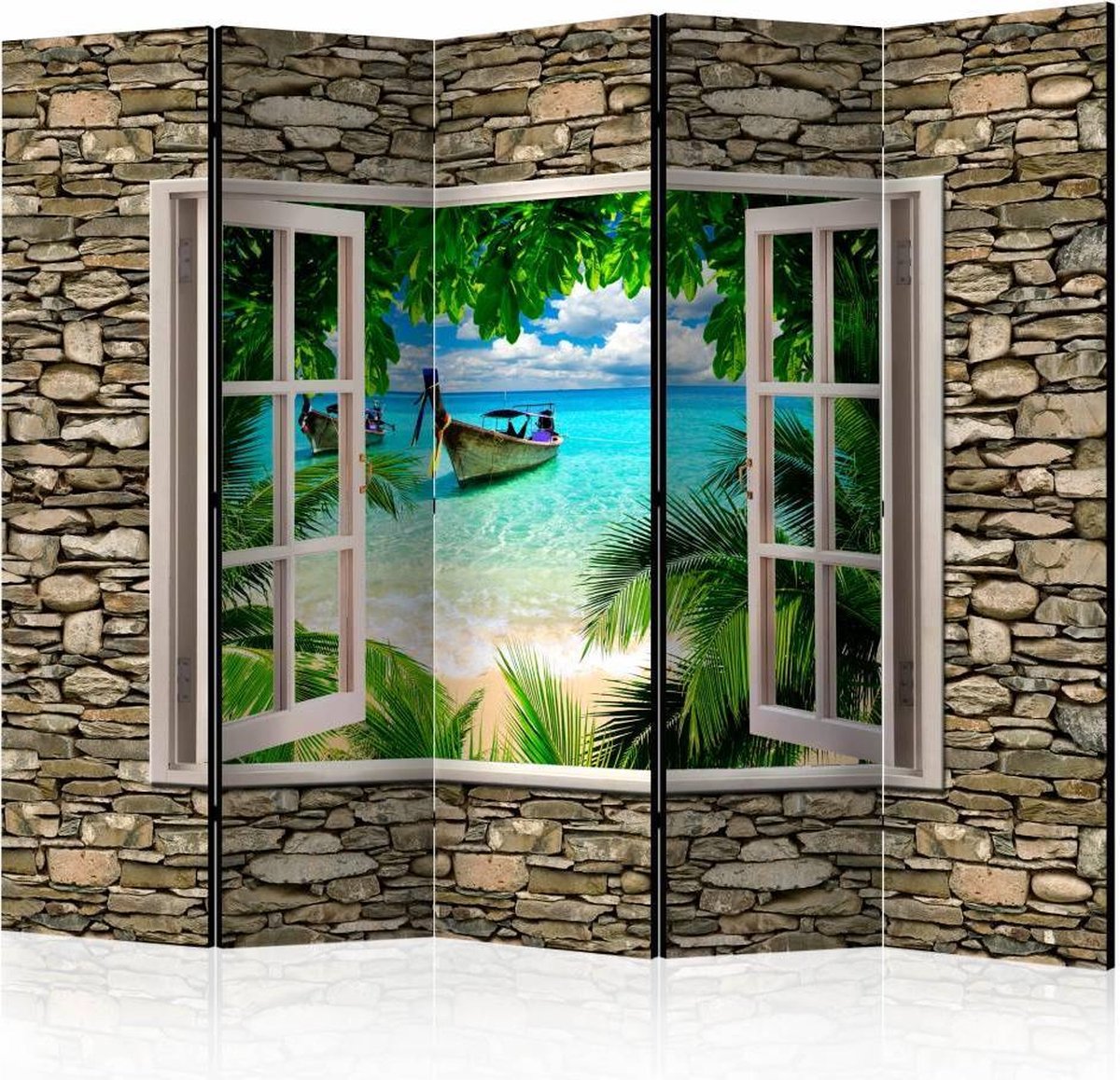Vouwscherm - Uitzicht op tropisch strand 225x172cm , gemonteerd geleverd (kamerscherm) dubbelzijdig geprint