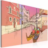 Schilderij - Romantische gondels, Venetië , roze geel , 3 luik