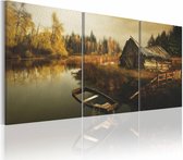 Schilderij - Verlaten Hut, 3luik , bruin groen ,  wanddecoratie , premium print op canvas