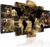 Schilderij - Wereldkaart - Donkere Wereld, Zwart/Goud, 5luik , wanddecoratie , premium print op canvas