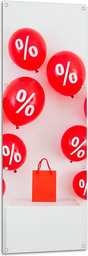 Tuinposter – Rode Actie Ballonnen bij Rood Cadeautasje - 50x150 cm Foto op Tuinposter (wanddecoratie voor buiten en binnen)