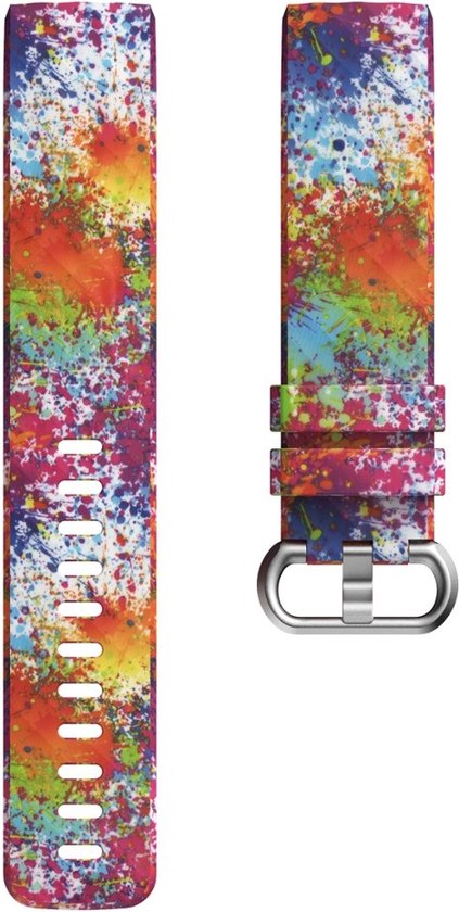 Twee smartwatch bandjes met een graffiti-spuitverfpatroon in felle kleuren zoals oranje, geel, groen en blauw.