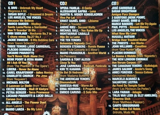 Lijst met nummers voor CD1, CD2 en CD3 van Tros Muziek Uit Duizenden. Achtergrond met kroonluchters en een theater.