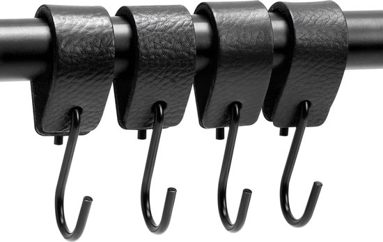 Brute Strength - Leren S-haak hangers - Zwart - 4 stuks - 12,5 x 2,5 cm – Zwart zilver – Leer - handdoekhaakjes - Ophanghaken – kapstokhaak