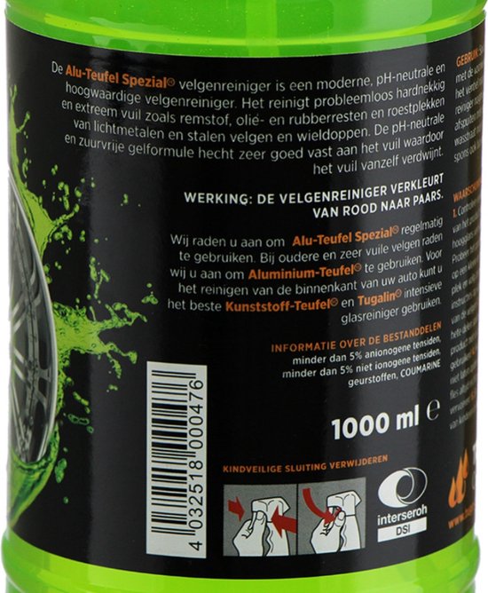 Label van een groene ALU-Teufel spuitfles met gebruiksaanwijzing en waarschuwingen. Bevat een barcode en logo.