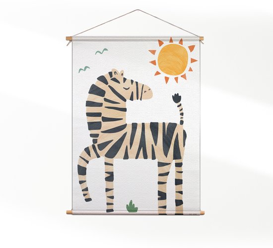 Textielposter Zebrapaardje in het zonnetje - Kinderkamer - Baby cadeau - Babykamer L (85 X 60 CM) - Wandkleed - Wanddoek - Wanddecoratie
