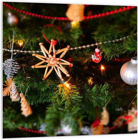 PVC Schuimplaat- Verschillende Ornamenten en Kerstballen in Kerstboom - 100x100 cm Foto op PVC Schuimplaat