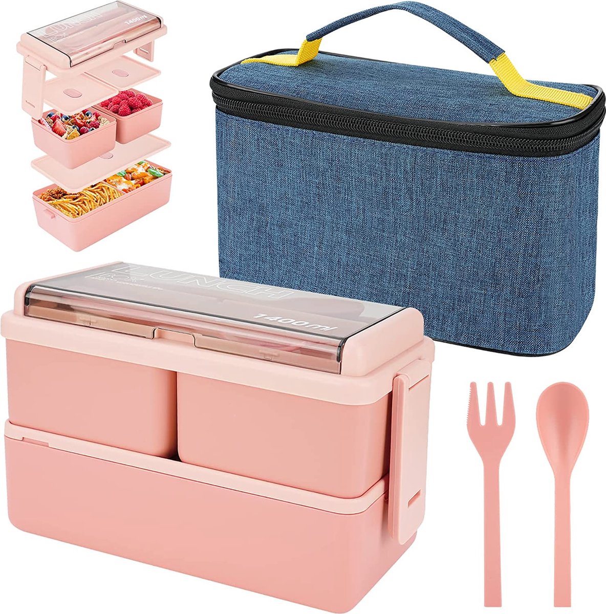 1400 ml lunchbox met 3 compartimenten - 2-laags lekvrije Bento-box met geïsoleerd zakje en bestek, maaltijdbereidingscontainers voor volwassenen Kinderen Studenten Kantoor Magnetron Veilig beschikbaar (roze)