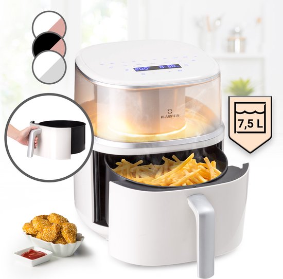 Klarstein Heteluchtfriteuse, XL Airfryer om te Frituren, Friteuse met Stoomfunctie, Temperatuurkeuze en 16 Programma’s, Airfryer voor Heteluchtfrituren, Heteluchtfriteuse zonder Olie 1500 W, 7,5 Liter