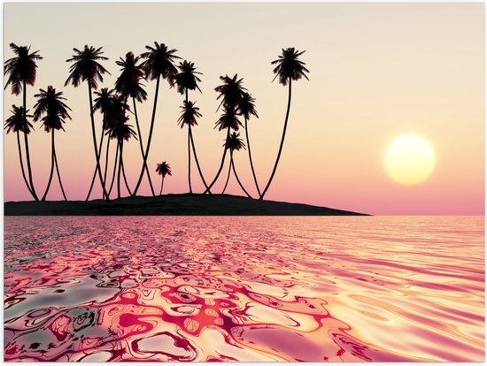 Poster Glanzend – Silhouet van Palmbomen op Onbewoond Eiland in de Oceaan bij Zonsondergang - 40x30 cm Foto op Posterpapier met Glanzende Afwerking