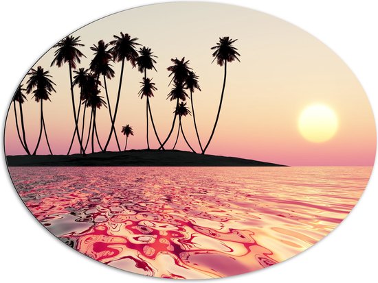 Dibond Ovaal - Silhouet van Palmbomen op Onbewoond Eiland in de Oceaan bij Zonsondergang - 108x81 cm Foto op Ovaal (Met Ophangsysteem)