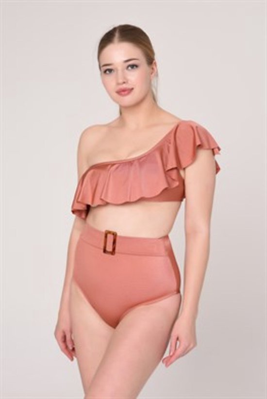 Bikini set- 2-delig Bikini set met een schouder- Hoge taille trendy bikini met riem 194- Roze- Maat 38