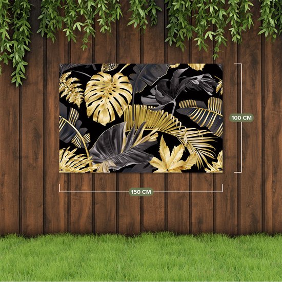 Gards Tuinposter Gouden Tropische Bladeren - 150x100 cm - Tuindoek - Tuindecoratie - Wanddecoratie buiten - Tuinschilderij