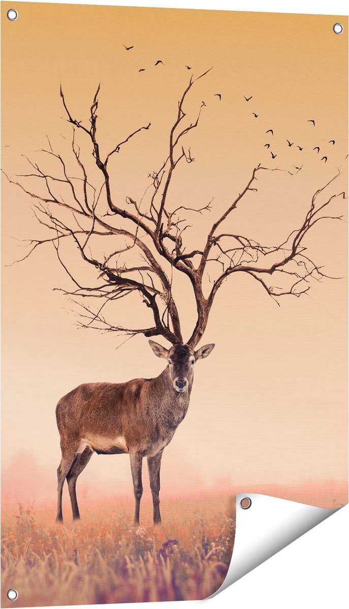 Gards Tuinposter Hert met een Bomen Gewei - 60x90 cm - Tuindoek - Tuindecoratie - Wanddecoratie buiten - Tuinschilderij Multikleur
