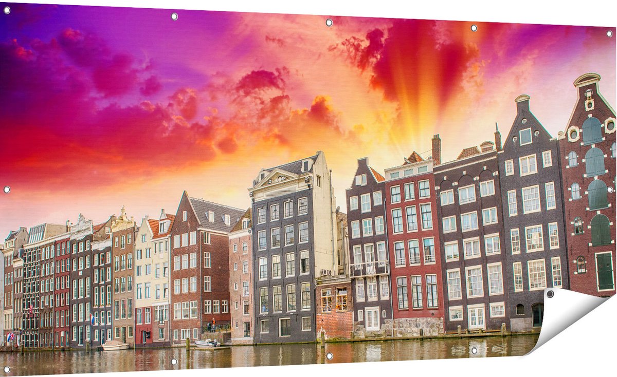 Gards Tuinposter Amsterdamse Huisjes bij het Kanaal - Kleur - 180x90 cm - Tuindoek - Tuindecoratie - Wanddecoratie buiten - Tuinschilderij Multikleur
