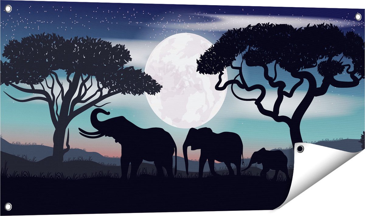 Gards Tuinposter Olifanten Silhouet tijdens Volle Maan - 100x50 cm - Tuindoek - Tuindecoratie - Wanddecoratie buiten - Tuinschilderij Multikleur