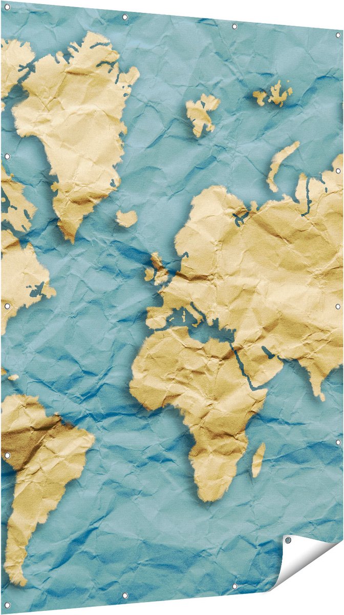 Gards Tuinposter Wereldkaart op Gekreukeld Papier - 120x180 cm - Tuindoek - Tuindecoratie - Wanddecoratie buiten - Tuinschilderij Multikleur