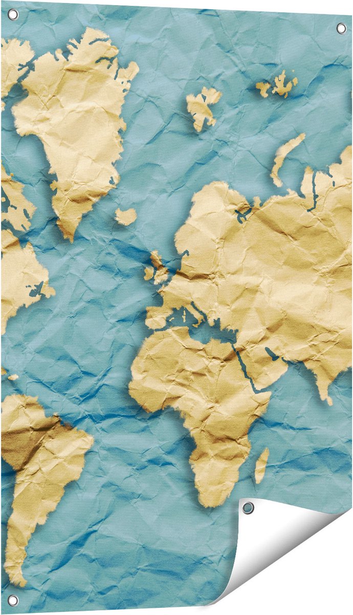 Gards Tuinposter Wereldkaart op Gekreukeld Papier - 60x90 cm - Tuindoek - Tuindecoratie - Wanddecoratie buiten - Tuinschilderij Multikleur