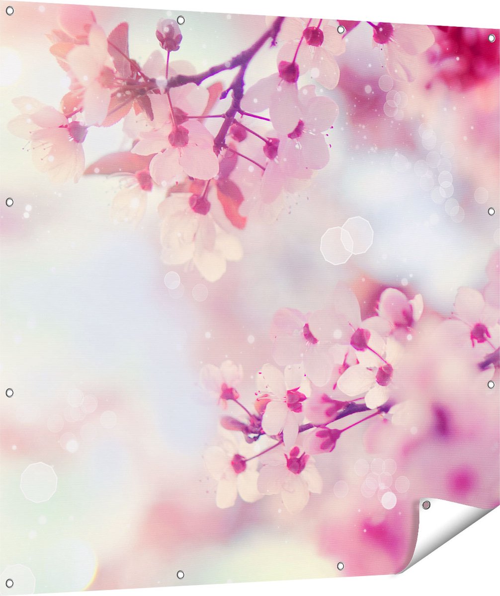 Gards Tuinposter Roze Bloesemboom met Zonneschijn - 120x120 cm - Tuindoek - Tuindecoratie - Wanddecoratie buiten - Tuinschilderij Multikleur