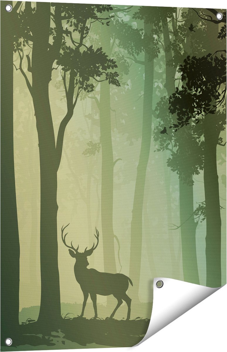 Gards Tuinposter Hert in het Bos - Silhouet - 60x80 cm - Tuindoek - Tuindecoratie - Wanddecoratie buiten - Tuinschilderij Multikleur