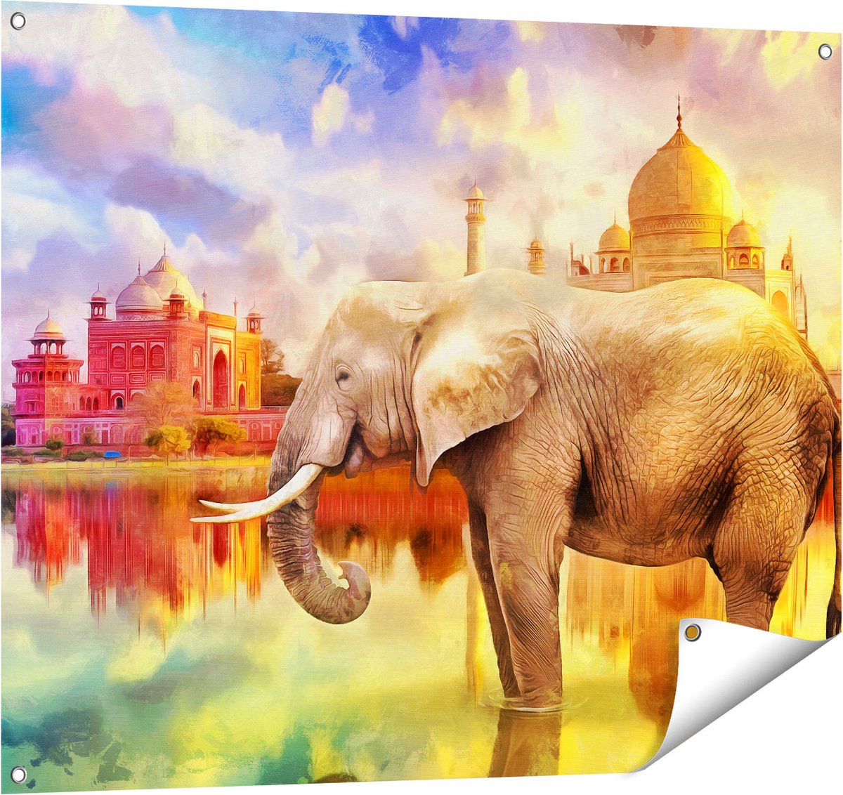 Gards Tuinposter Getekende Olifant bij Taj Mahal - Abstract - 100x80 cm - Tuindoek - Tuindecoratie - Wanddecoratie buiten - Tuinschilderij Multikleur