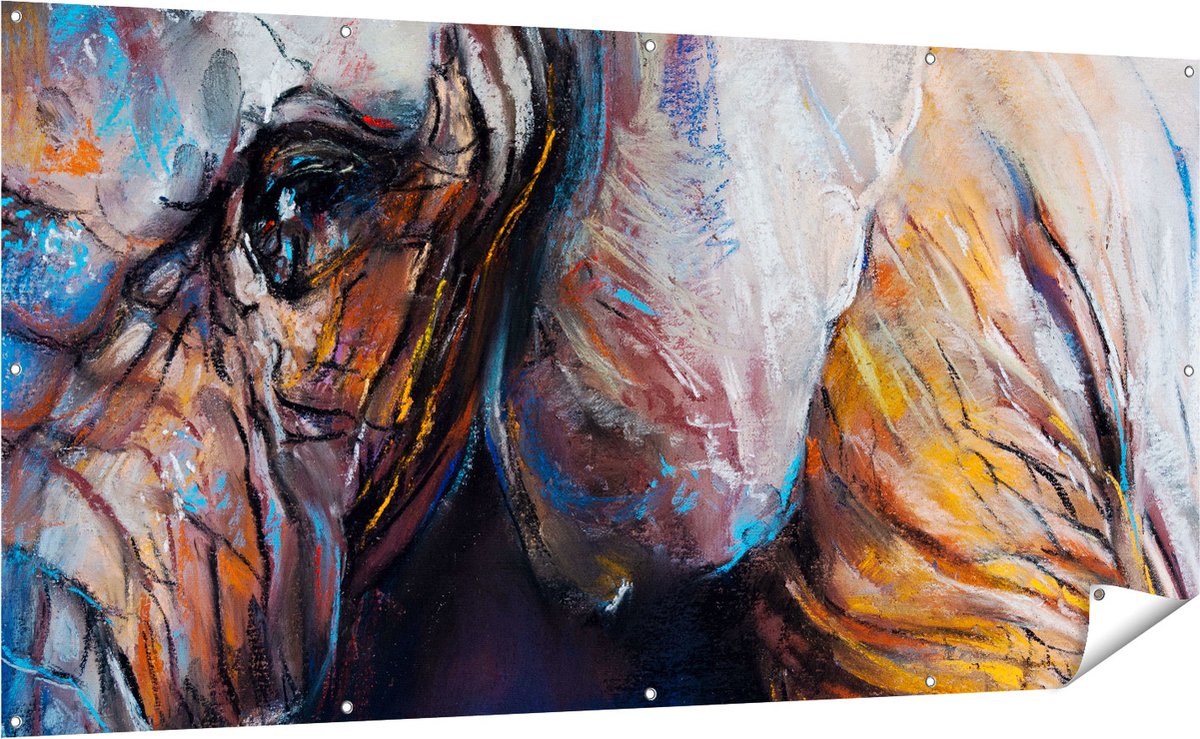 Gards Tuinposter Getekende Olifant van Dichtbij - Abstract - 200x100 cm - Tuindoek - Tuindecoratie - Wanddecoratie buiten - Tuinschilderij Multikleur