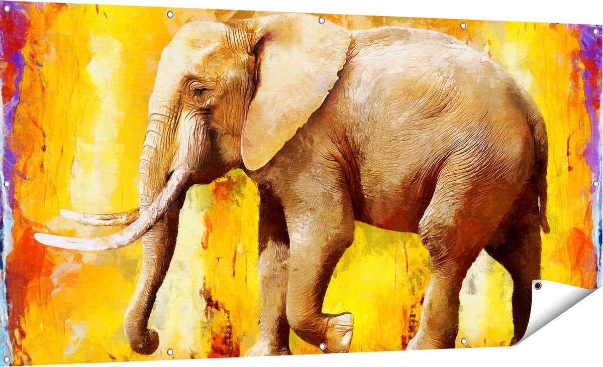 Gards Tuinposter Geschilderde Olifant Olieverf - Abstract - 180x90 cm - Tuindoek - Tuindecoratie - Wanddecoratie buiten - Tuinschilderij Multikleur