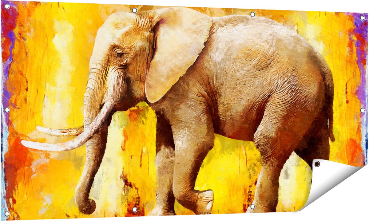 Gards Tuinposter Geschilderde Olifant Olieverf - Abstract - 140x70 cm - Tuindoek - Tuindecoratie - Wanddecoratie buiten - Tuinschilderij Multikleur