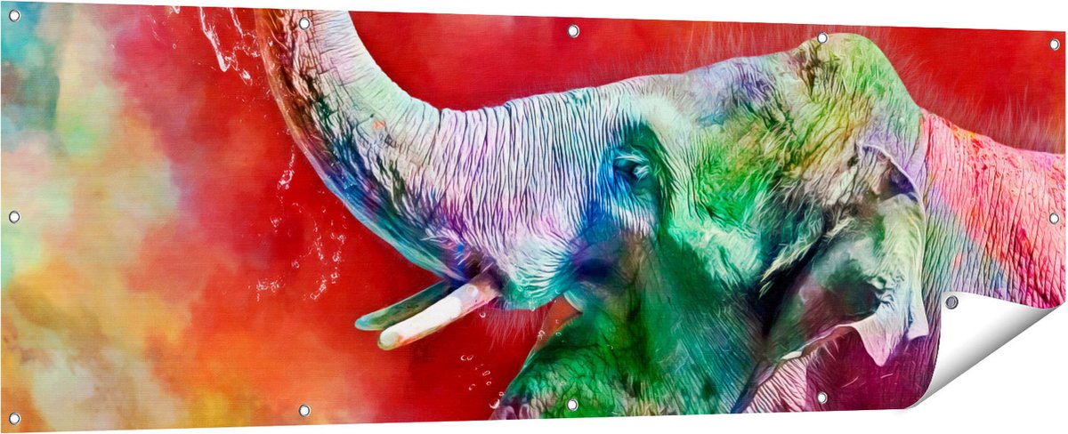 Gards Tuinposter Getekende Vrolijke Olifant - Abstract - 180x60 cm - Tuindoek - Tuindecoratie - Wanddecoratie buiten - Tuinschilderij Multikleur