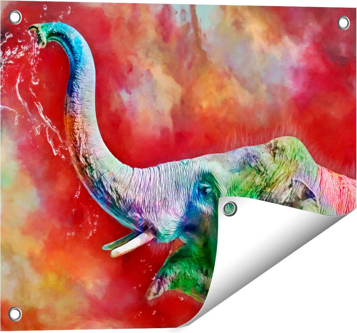 Gards Tuinposter Getekende Vrolijke Olifant - Abstract - 50x40 cm - Tuindoek - Tuindecoratie - Wanddecoratie buiten - Tuinschilderij Multikleur