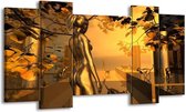 GroepArt - Schilderij - Abstract - Goud, Geel, Bruin - 120x65 5Luik - Foto Op Canvas - GroepArt 6000+ Schilderijen 0p Canvas Art Collectie - Wanddecoratie