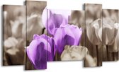 GroepArt - Schilderij - Tulpen - Paars, Grijs, Zwart - 120x65 5Luik - Foto Op Canvas - GroepArt 6000+ Schilderijen 0p Canvas Art Collectie - Wanddecoratie