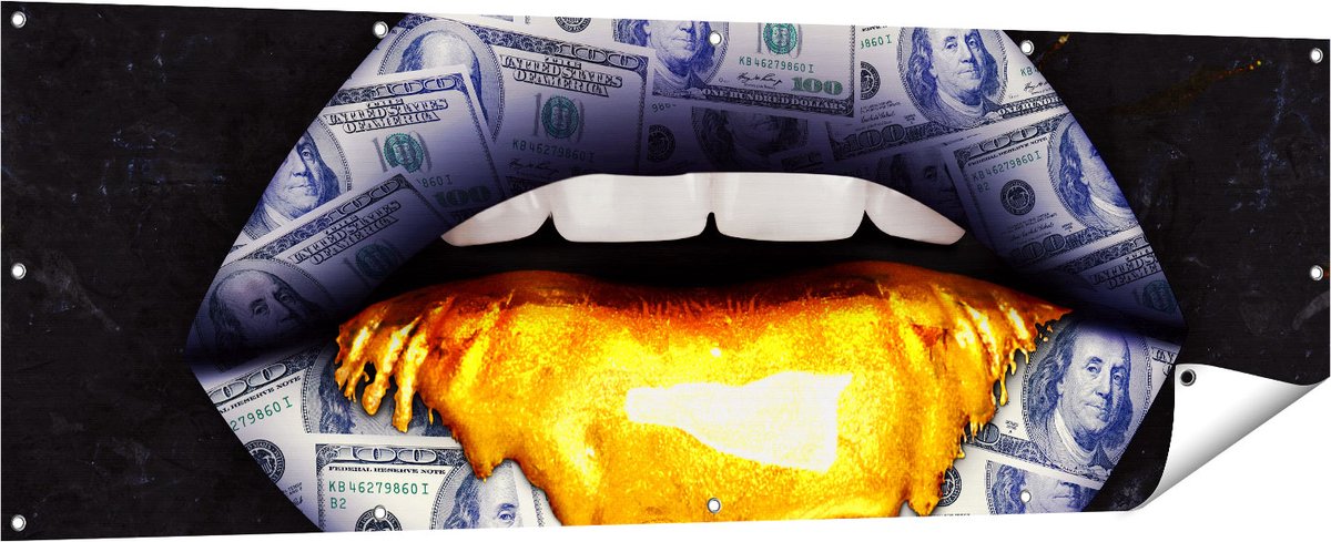 Gards Tuinposter Dollar Lippen met Goud - 180x60 cm - Tuindoek - Tuindecoratie - Wanddecoratie buiten - Tuinschilderij Multikleur