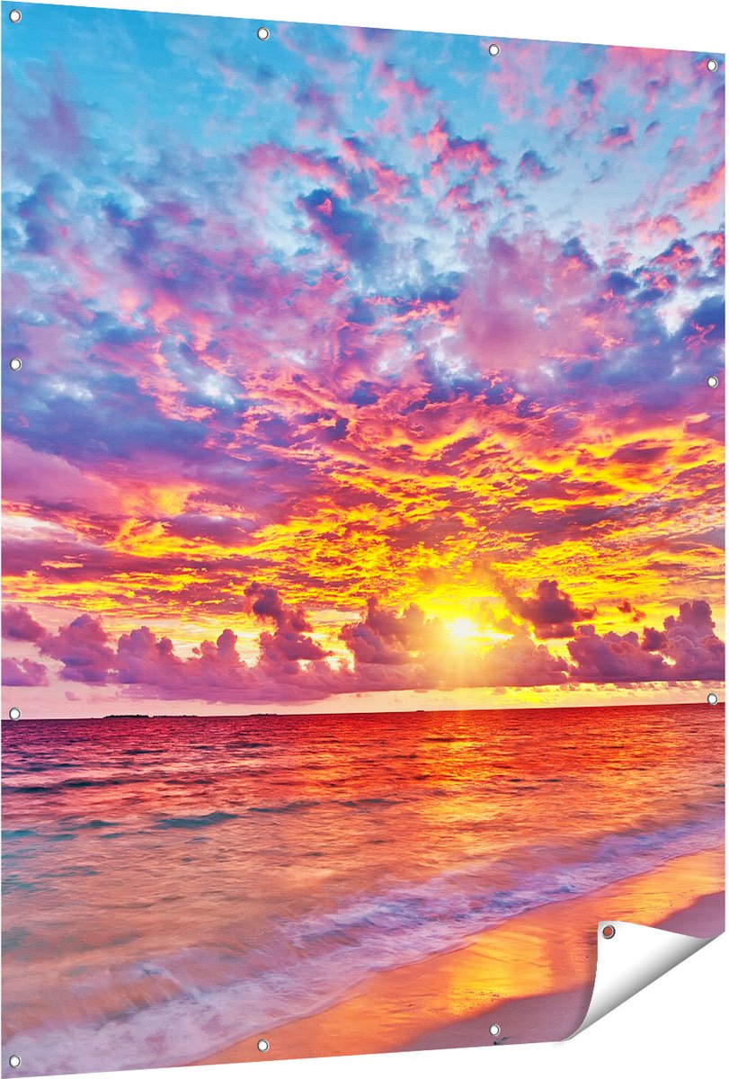 Gards Tuinposter Zonsondergang op het Strand in de Malediven - 120x150 cm - Tuindoek - Tuindecoratie - Wanddecoratie buiten - Tuinschilderij Multikleur