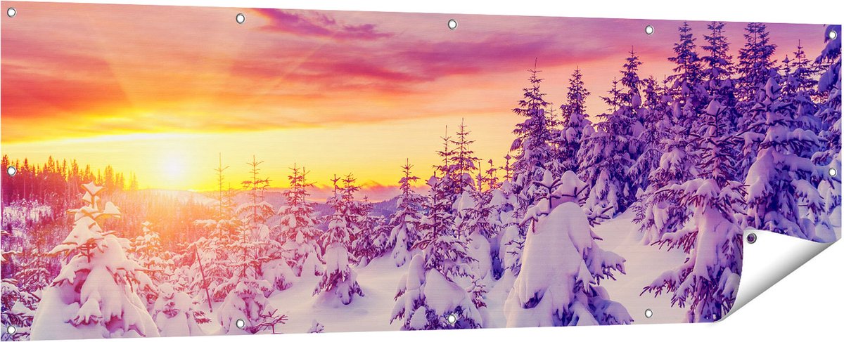 Gards Tuinposter Zonsondergang in het Sneeuw Bos - 180x60 cm - Tuindoek - Tuindecoratie - Wanddecoratie buiten - Tuinschilderij Multikleur