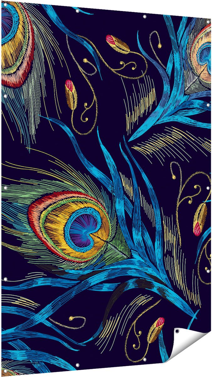 Gards Tuinposter Getekende Pauw Veren Achtergrond - 120x180 cm - Tuindoek - Tuindecoratie - Wanddecoratie buiten - Tuinschilderij Multikleur