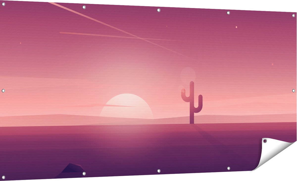 Gards Tuinposter Zonsondergang in de Woestijn met een Cactus - 180x90 cm - Tuindoek - Tuindecoratie - Wanddecoratie buiten - Tuinschilderij Multikleur
