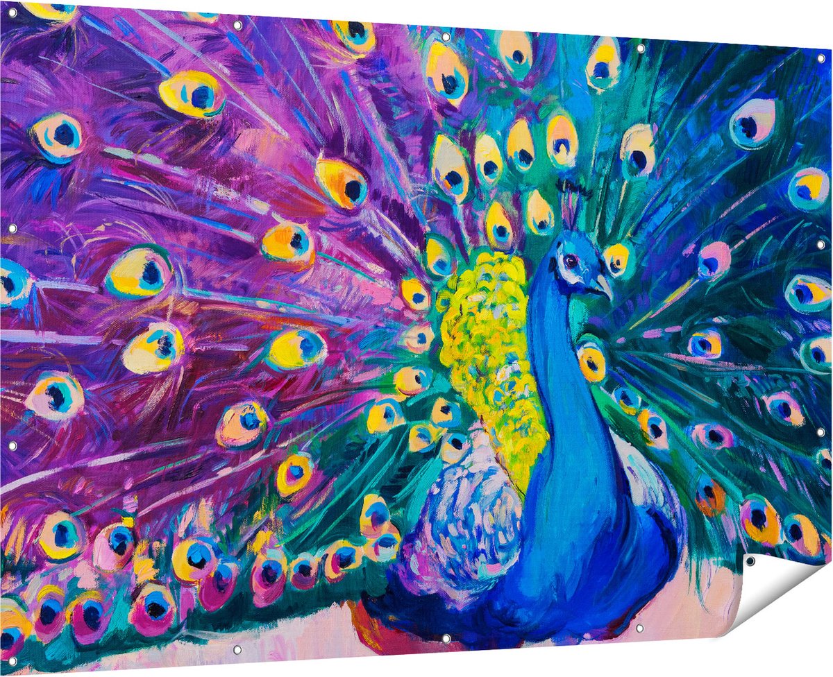 Gards Tuinposter Pauw met Kleurrijke Veren van Olieverf - Abstract - 180x120 cm - Tuindoek - Tuindecoratie - Wanddecoratie buiten - Tuinschilderij Multikleur
