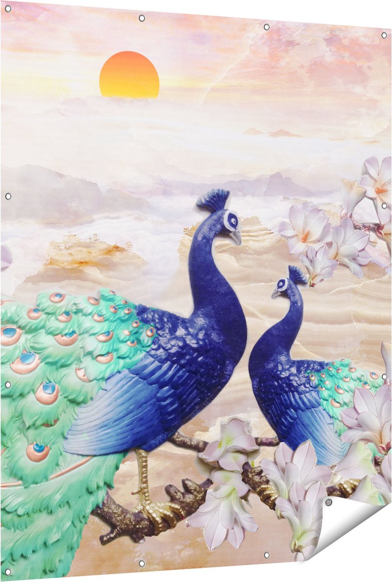 Gards Tuinposter Twee Pauwen bij Elkaar met Bloemen - Liefde - 120x150 cm - Tuindoek - Tuindecoratie - Wanddecoratie buiten - Tuinschilderij Multikleur