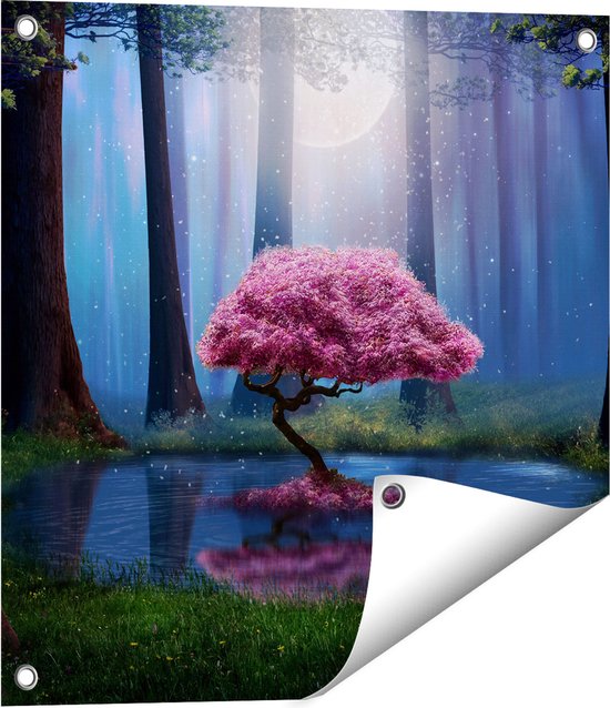 Gards Tuinposter Roze Boom op een Vijver in de Nacht - 50x50 cm - Tuindoek - Tuindecoratie - Wanddecoratie buiten - Tuinschilderij