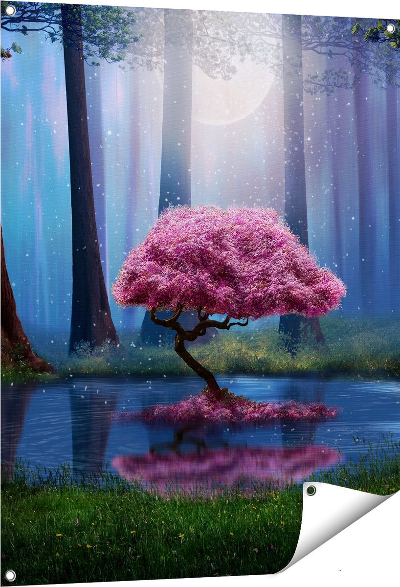 Gards Tuinposter Roze Boom op een Vijver in de Nacht - 80x100 cm - Tuindoek - Tuindecoratie - Wanddecoratie buiten - Tuinschilderij Multikleur